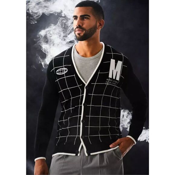 Box Lunch Marvel Studios Logo Grid Cardigan -Unisex Medium Nwot - Picture 1 of 6